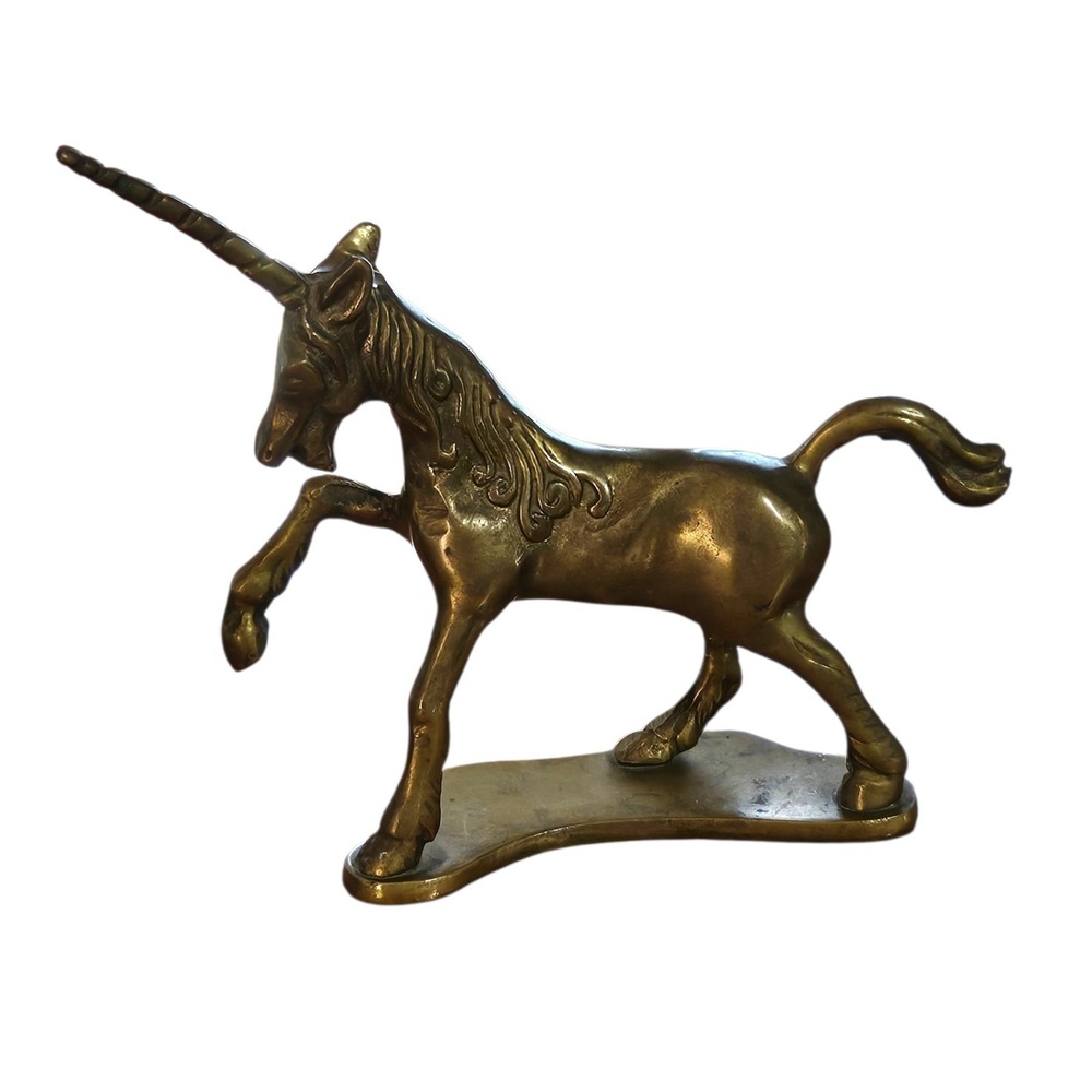 Antique 50s Solid Brass Unicorn Figurine Statue Warrior Mid- Century Decor MCM